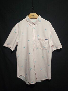 RSVLTS Seersucker Stretch SS BF Shirt - Pink White Striped - Mermaids - Sz L*